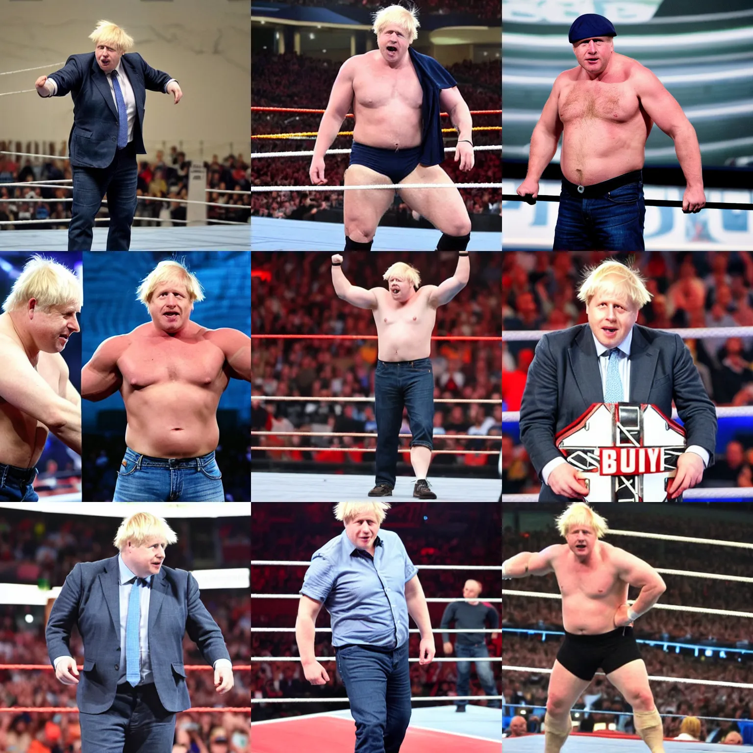 Prompt: boris johnson wearing a duty cap and jeans in wwe as a muscular wrestler