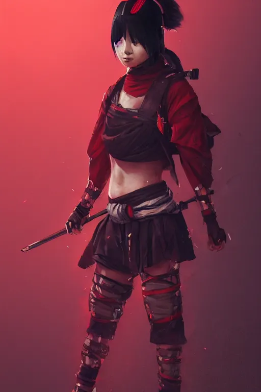 Prompt: full body native japanese young woman dressed like shinobi ninja, focused stare, partially masked, highly detailed, photobash, photorealistic render, trending on artstation, character design, red background, cinematic lighting