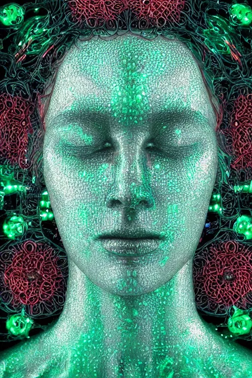 Image similar to a melancholic realistic 8k sculpture of a complex robotic human face, liquid metal simulation, bright psychedelic neon colors, dark dramatic lighting, hexagonal mesh wire, filigree intricate details, cinematic, fleshy, red blossoms, green ivy, elegant, 50mm lens, DOF, octane render, art nouveau, 8k post-processing, intricate art by greg rutkowski