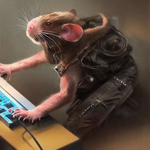 Image similar to a rat cyborg playing with a tb-303 synthesizer, by ruan jia