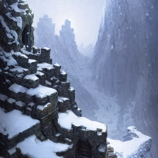 Prompt: snowy mountaintop with entrance to dwarven fortress with statues of dwarves, snowstorm, dark fantasy, intricate, elegant, highly detailed, digital painting, artstation, concept art, smooth, sharp focus, illustration, art by artgerm and greg rutkowski and alphonse mucha