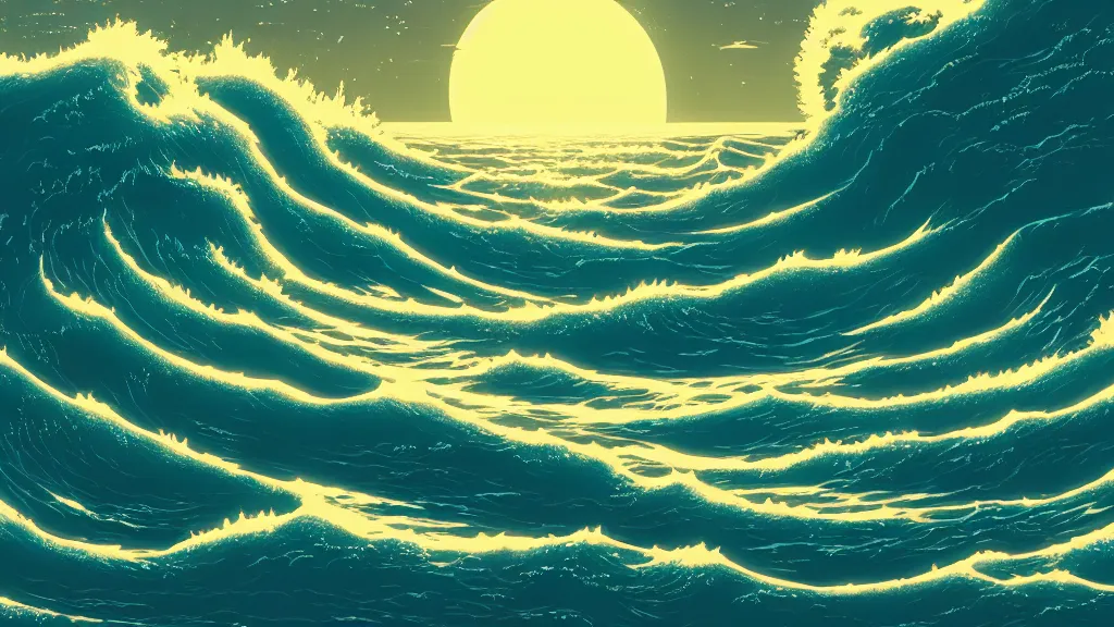 Image similar to highly detailed illustration of high exposure ocean waves at night by makoto shinkai, by nico delort, by dan mumford, by otomo, 4 k resolution