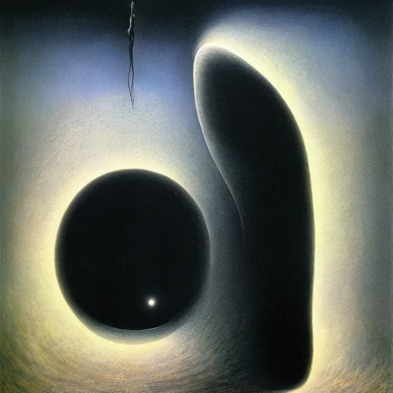 Image similar to a man looks into his own painting and sees a black hole, by zdzisław beksinski and salvador dali, surreal, oil on canvas, hyper detailed