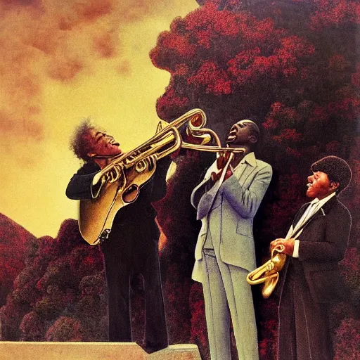 Image similar to Bob Dylan with his guitar and harmonica at the gates of heaven is greeted by Louis Armstrong blowing a trumpet by Maxfield Parrish and Glen Rutkowski and Raphael