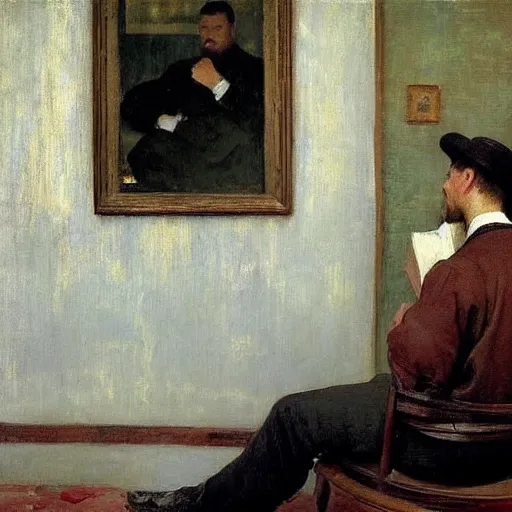 Prompt: painting of a painting a man inside a painting a man painting a picture of himself by emile friant