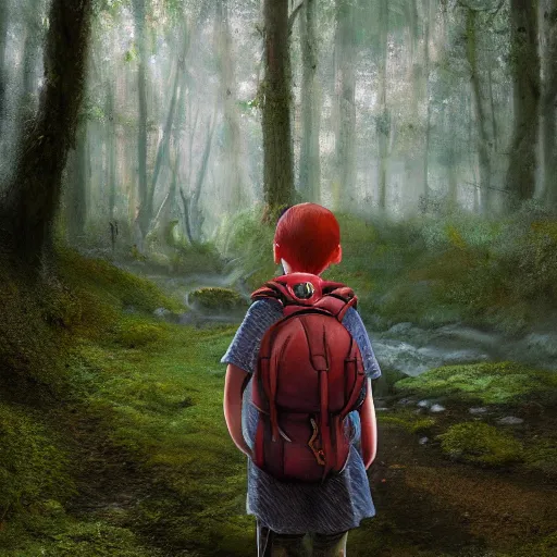 Image similar to detailed painterly portrait of a red - haired explorer girl kid with a backpack and a map, in the deep tangled, mossy, misty forest, lit by sunbeams, by loish, unreal 5