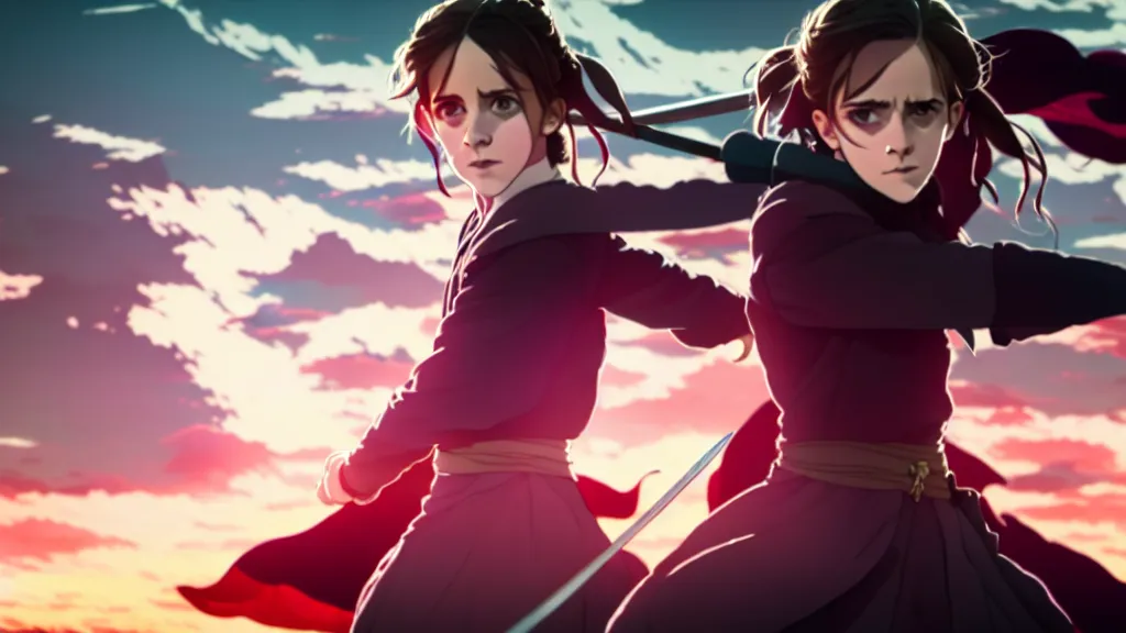 Image similar to a very detailed key visual of emma watson in demon slayer, action lines, ufotable, greg rutkowski, high resolution, dynamic pose, landscape, medium portrait, samurai outfit, action, hyper realistic, anime, koyoharu gotouge, sakuga