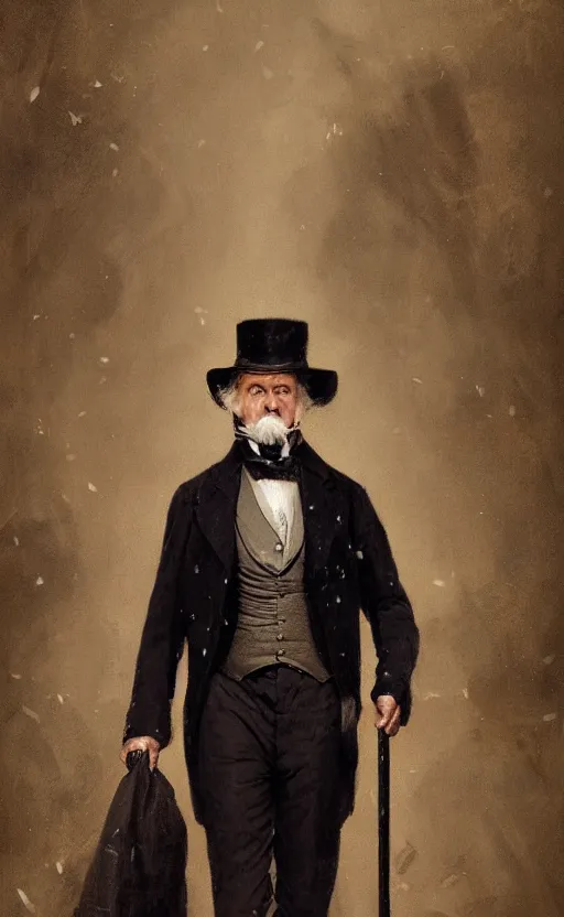 Image similar to portrait of a middle aged victorian gentleman, suit and waistcoat, holding a cane, male, detailed face, victorian, highly detailed, cinematic lighting, digital art painting by greg rutkowski