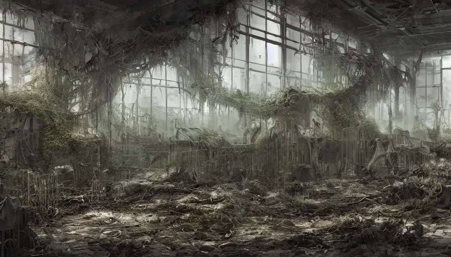 Prompt: Interior of a dusty abandoned cloning factory with cobwebs, skeletons on the floor, vegetation, light fog, hyperdetailed, artstation, cgsociety, 8k