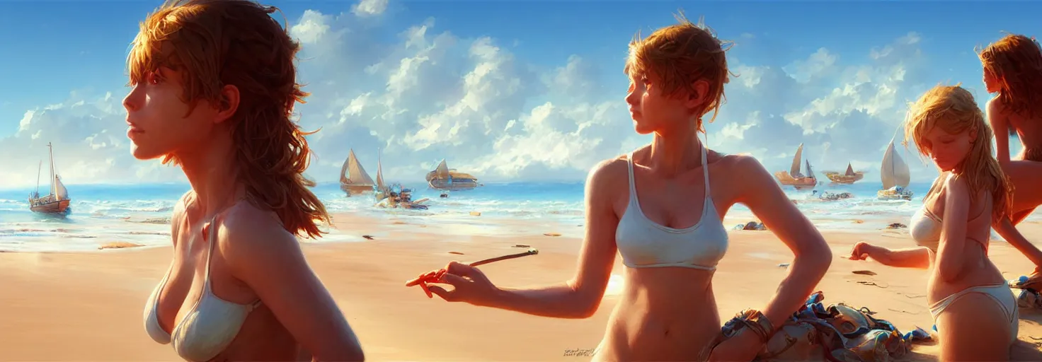 Image similar to bright sunny day on a beach, boats washed ashore, soft warm lighting, highly detailed, digital painting, trending on artstation, sharp focus, illustration, art by artgerm and greg rutkowski and magali villeneuve