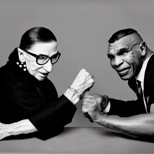 Image similar to Ruth Bader Ginsburg arm wrestling Mike Tyson, 4k, photo realistic, by Ansel Adams