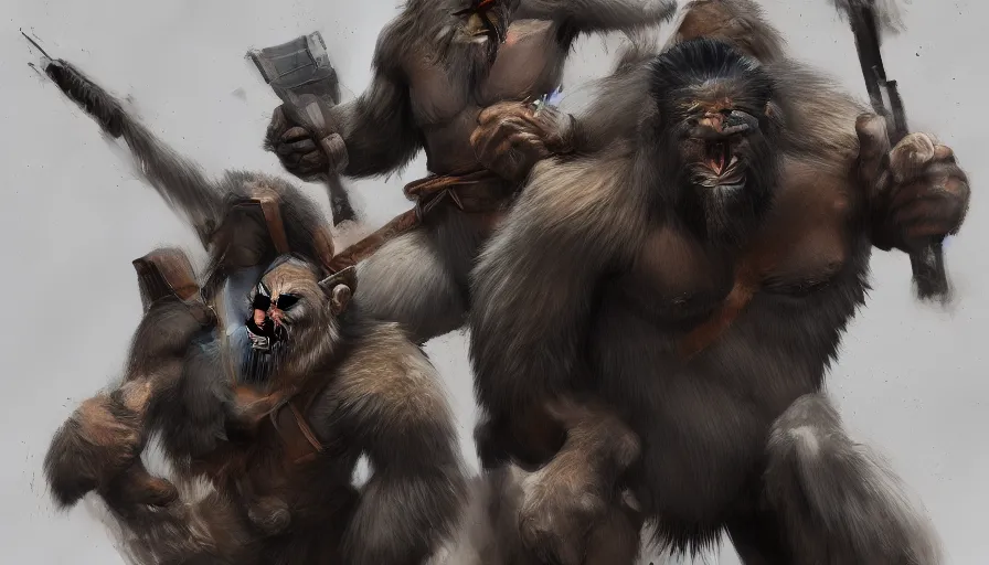 Image similar to concept art of warriors apes by jama jurabaev, extremely detailed, trending on artstation, high quality, brush stroke