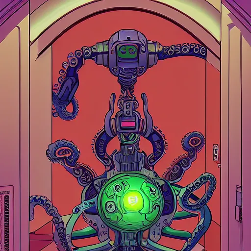 Image similar to robotic Octopus in an airlock, Industrial Scifi, detailed illustration, character portrait, by Martin Grip and Moebius