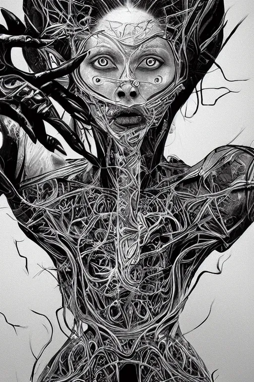 Image similar to black and white illustration, creative design, body horror, alex gray, android jones