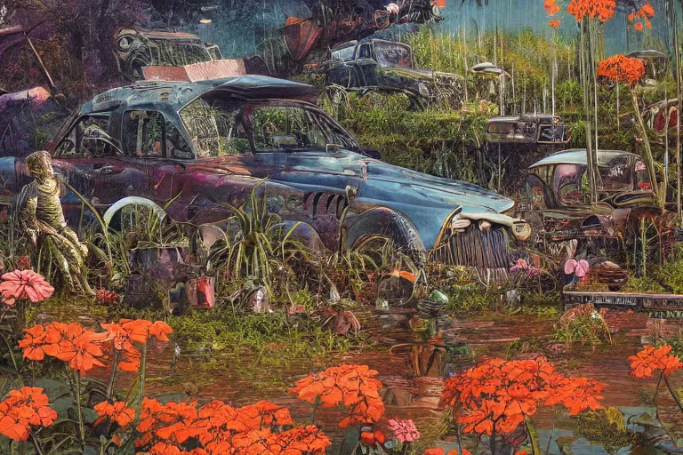 Image similar to super - detailed scene twilight junkyard, louisiana swamps, orange blooming flowers garden, 8 k, 8 0 s japanese sci - fi books art, artwork by jean giraud