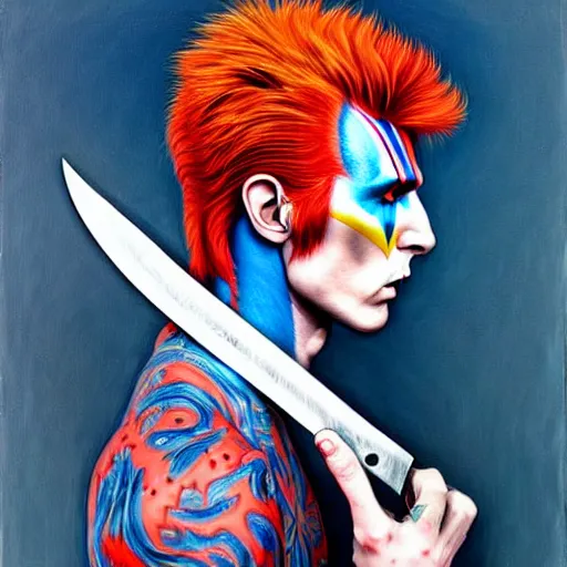 Prompt: Ziggy Stardust holding a Bowie knife, james jean!!, realism