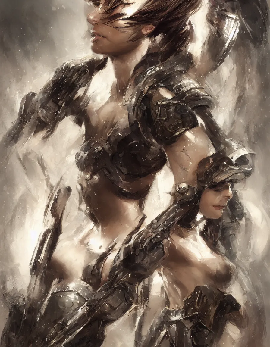 Image similar to a professional portrait of an attractive young female, partially clothed in battle armor, olive skin, long dark hair, beautiful bone structure, symmetrical facial features, intricate, elegant, digital painting, concept art, illustration, sharp focus, from Metal Gear, in the style of Ruan Jia and Mandy Jurgens and GregRutkowski and William-Adolphe Bouguerea