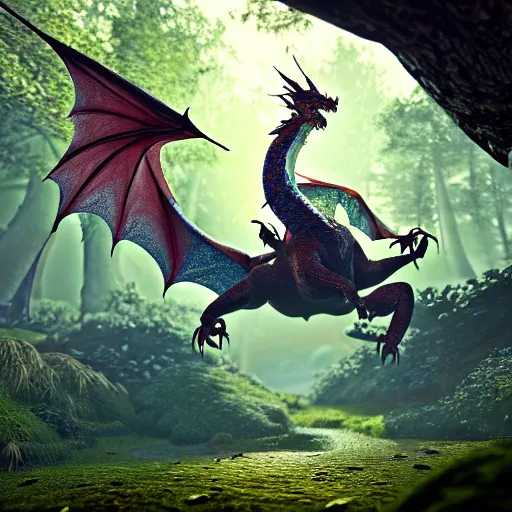 Image similar to a highly detailed crisp unreal engine render of a flying dragon on a bright mystic forest, ling xiang, Etienne Hebinger, Ilya Nazarov, Marcus Whinney, artstation 3D render