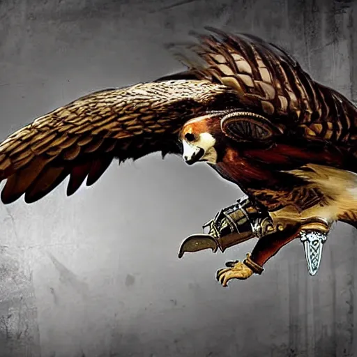 Prompt: a steampunk hawk flying through the air, fantasy art, vintage