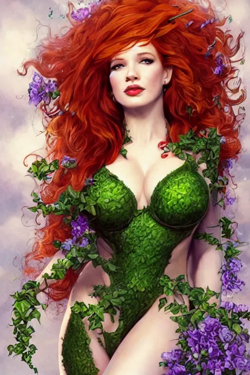 Image similar to three-quarters pose portrait of Christina Hendricks as Poison Ivy, very beautiful young woman, ginger wavy hair, Intricate, nature and flowers tattoos and imagery themed, D&D!, fantasy style, sharp focus!, ultra detailed, art by Artgerm and Peter Andrew Jones, WLUP