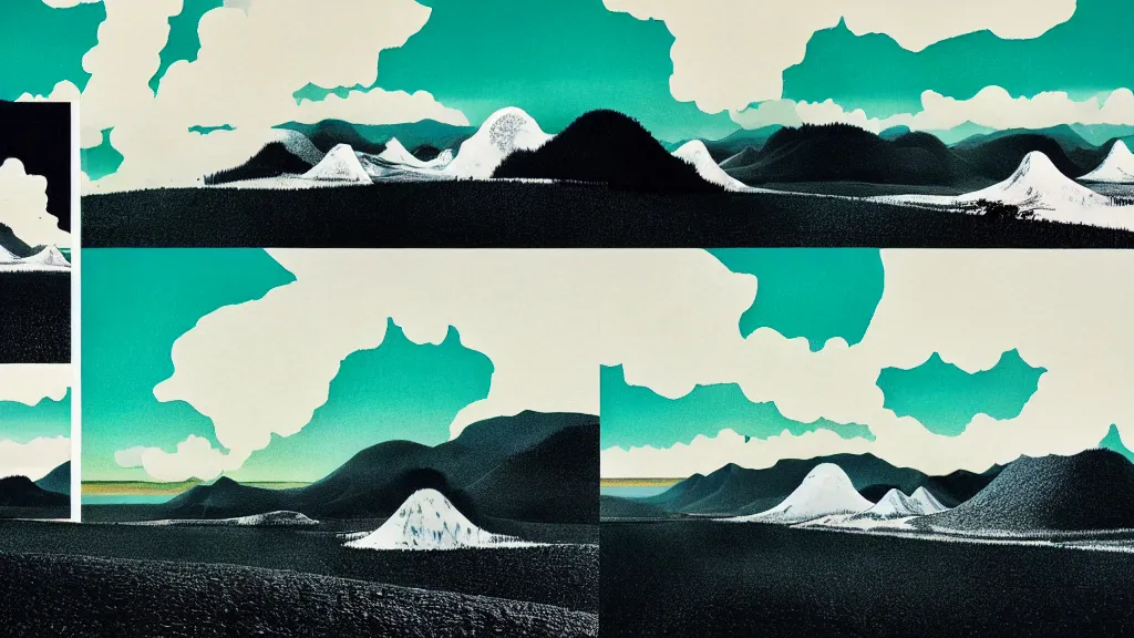 Image similar to dramatic landscape of hokkaido prefecture, japan, a collage painting, in the style of wes anderson, lola dupre, david hockney, isolated on negative white space background dark monochrome neon fluorescent spraypaint accents volumetric octane render