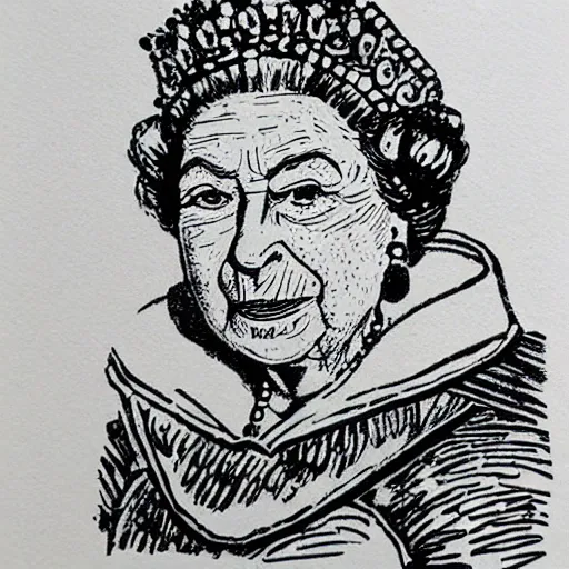 Prompt: queen elizabeth wearing balaclava and crown, lino print, whiskey bottle