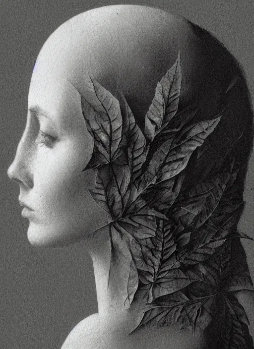 Prompt: a womans face in profile made of leaf skeleton in the style of the dutch masters and gregory crewdson dark and moody