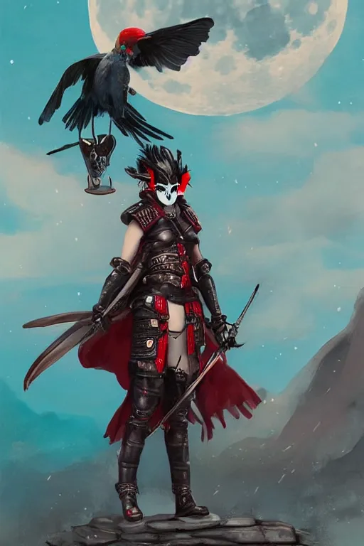 Image similar to female adventurer in tight full - body teal leather armor of japanese design with red accents and a white porcelain crow mask, trending in artstation, japanese, artstation, big moon in the background establishing shot