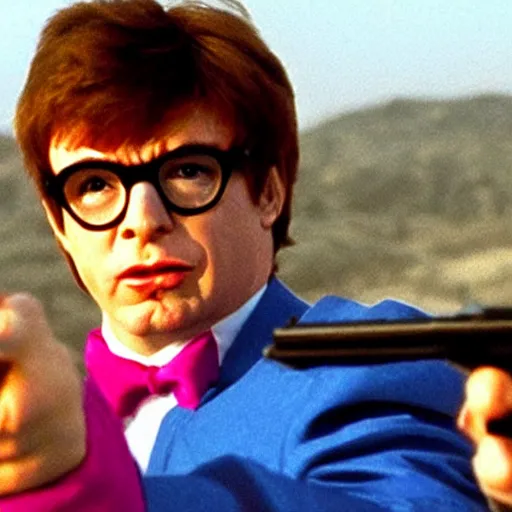 Image similar to austin powers shooting an ak - 4 7, photography, movie,