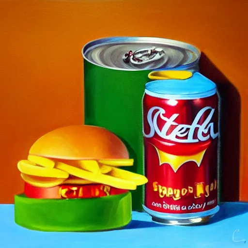 Image similar to realistic painting of a still life with can of stella and happy meal