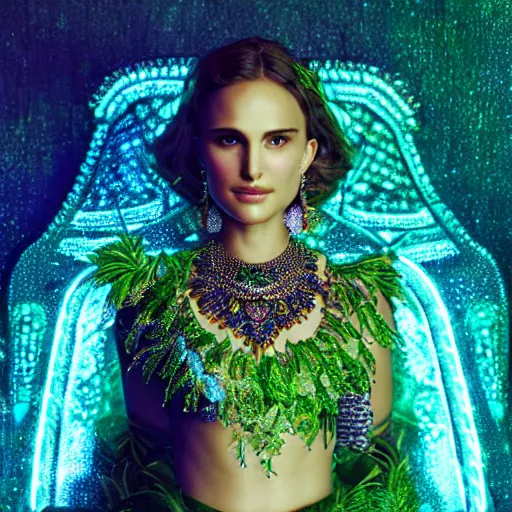 Prompt: portrait natalie portman, glowing, ornate and intricate green jewelry, jaw dropping beauty, glowing background lighting, green accent lighting, hyper detailed, fairy tale, 4 k octane render