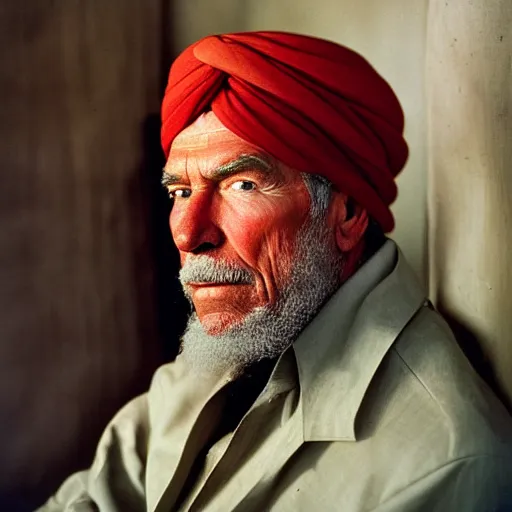 Image similar to portrait of president ronald reagan as afghan man, green eyes and red turban looking intently, photograph by steve mccurry