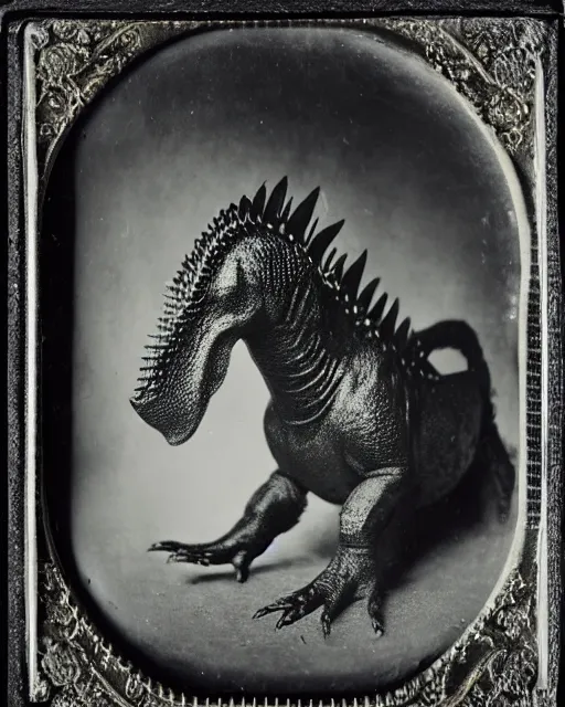 Prompt: A wet-plate photograph of an allosaurus in victorian clothing