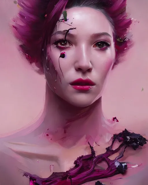 Image similar to a highly detailed oil painting of A beautiful woman, in professional makeup, with medium length magenta hair covering an eye, and a tall tree, and large obsidian crystals, cinematic lighting, dramatic atmosphere, by Dustin Nguyen, Akihiko Yoshida, Greg Tocchini, Greg Rutkowski, Cliff Chiang, 4k resolution, trending on artstation