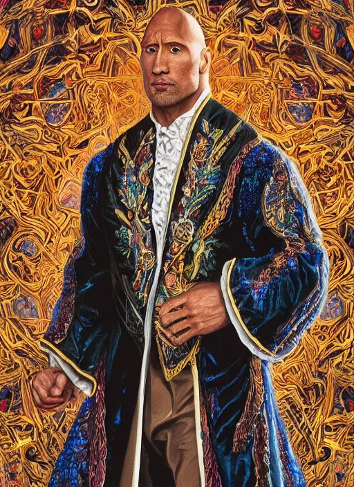 Image similar to beautiful oil painting, portrait of Dwayne the rock Johnson as Louis xiv in coronation robes 1701, Dan Mumford, dan Mumford, Dan Mumford, Alex grey, Alex grey, lsd visuals, dmt fractal patterns, entheogen, psychedelic, hallucinogen, coherent, highly detailed, ornate