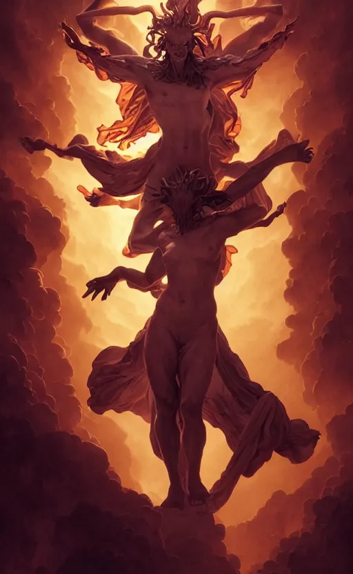 Prompt: four armed statue of a demon of the sun ascending from hell, four arms, dramatic lighting, flowing tendrils, artstation, concept art, smooth, sharp focus, illustration, art by artgerm and greg rutkowski and william adolphe bouguereau and john william waterhouse and gianlorenzo bernini