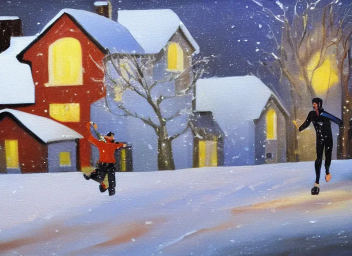 Image similar to painting depicting a man running away from a small house with one bright window. snowy. night. oil painting.