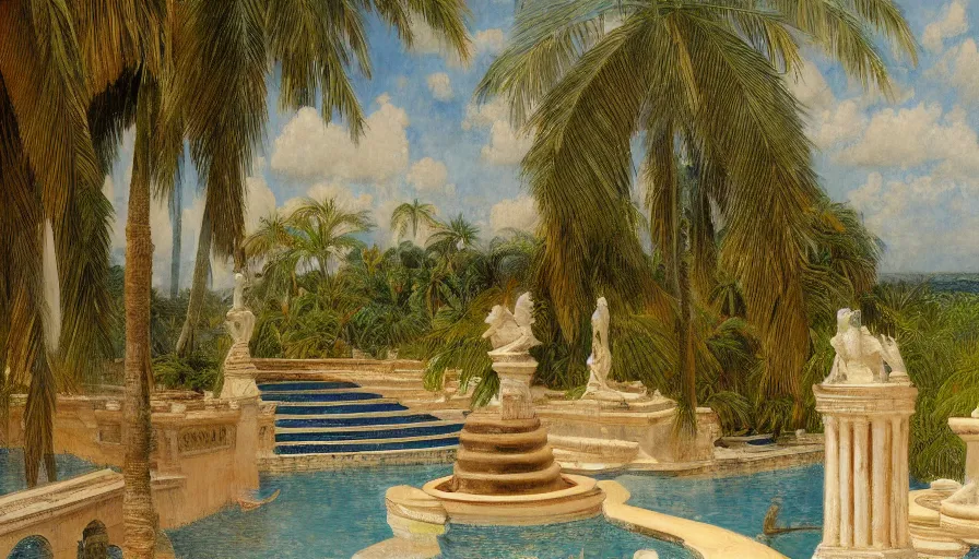 Image similar to a ultradetailed beautiful painting of an old fountain in the amazonas palace balustrade designed by jules bastien - lepage, tarsila do amaral, frank weston and gustave baumann, beach, trending on artstation, mediterranean, palm trees, sharp focus, soft light, 8 k 4 k