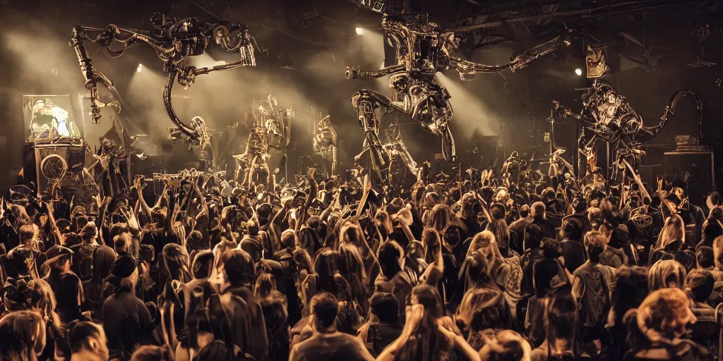 Image similar to a crowd of elephants and lizards robots playing steampunk futuristic instruments in a grindcore show