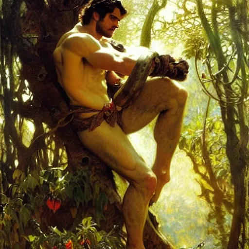 Prompt: attractive henry cavill as withcer and attractive joey batey as jaskier hauting wild creature in the wood highly detailed painting by gaston bussiere, craig mullins, j. c. leyendecker, alphonse mucha 8 k