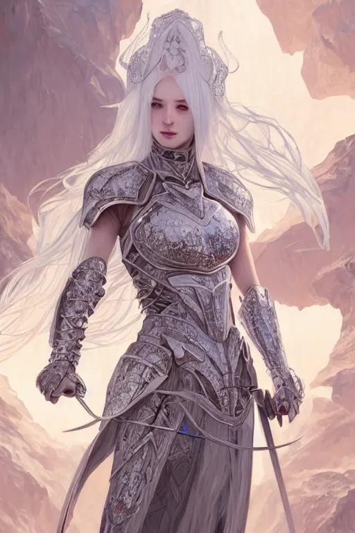 Prompt: portrait white hair knights of Zodiac girl, Sliver ice color reflected armor, in ruined Agora of Athens Sunrise, ssci-fi and fantasy, intricate and very very beautiful and elegant, highly detailed, digital painting, artstation, concept art, smooth and sharp focus, illustration, art by tian zi and WLOP and alphonse mucha