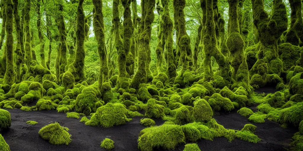 Prompt: photo of a landscape with lush forest, wallpaper, very very wide shot, iceland, new zeeland, green flush moss, national geographic, award landscape photography, professional landscape photography, iwagumi design, sharp rocks, ancient forest, sunny, day time, beautiful