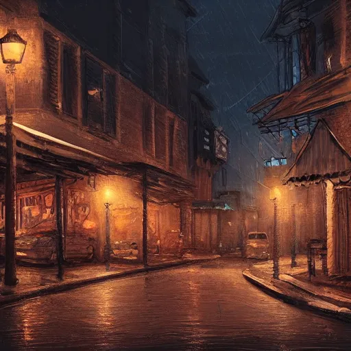 Prompt: a digital painting of a cityscape at night. highly detailed. rustic vibe. artstation.