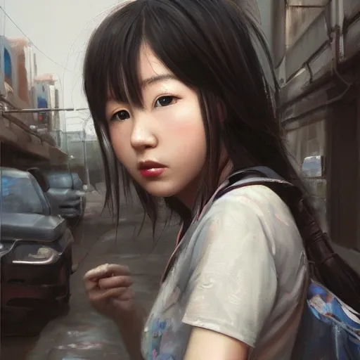 Image similar to a perfect, realistic professional oil painting of a Japanese schoolgirl posing in a dystopian alleyway, close-up, by a professional American senior artist on ArtStation, a high-quality hollywood-style concept