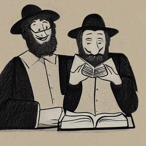 Prompt: a pencil artwork of two rabbis reading a book together