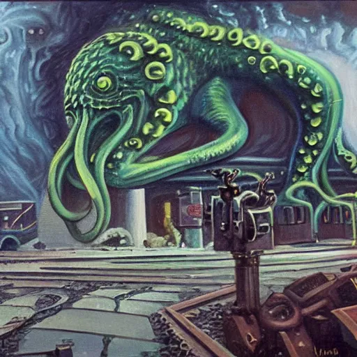 Image similar to oil painting of giant Cthulhu destroying a metro station with a M40 Machine Gun, highly detailed, H P Lovecraft