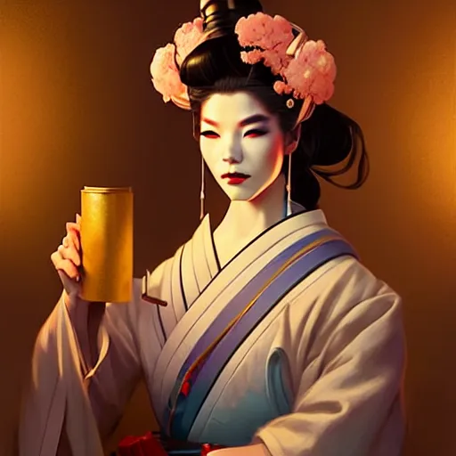 Image similar to pretty geisha, d & d digital painting, ultra realistic, beautiful, volumetric lighting, cell shading, by james jean, greg rutkowski, wlop