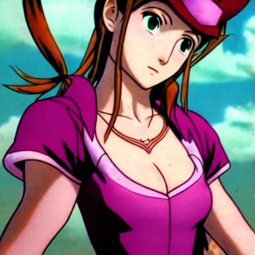 Image similar to aerith gainsborough in jojos bizarre adventure, high quality