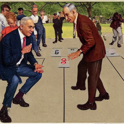 Image similar to benjamin netanyahu playing hopscotch in a public park, by norman rockwell