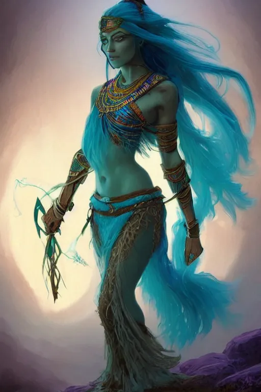Image similar to beautiful sorceress female with teal skin, full body shot, long hair made of algae, egyptian clothing, with a wooden stuff and a crossbow, d & d, fantasy, intricate, elegant, highly detailed, digital painting, artstation, concept art, matte, sharp focus, illustration, hearthstone, art by artgerm and greg rutkowski and alphonse mucha